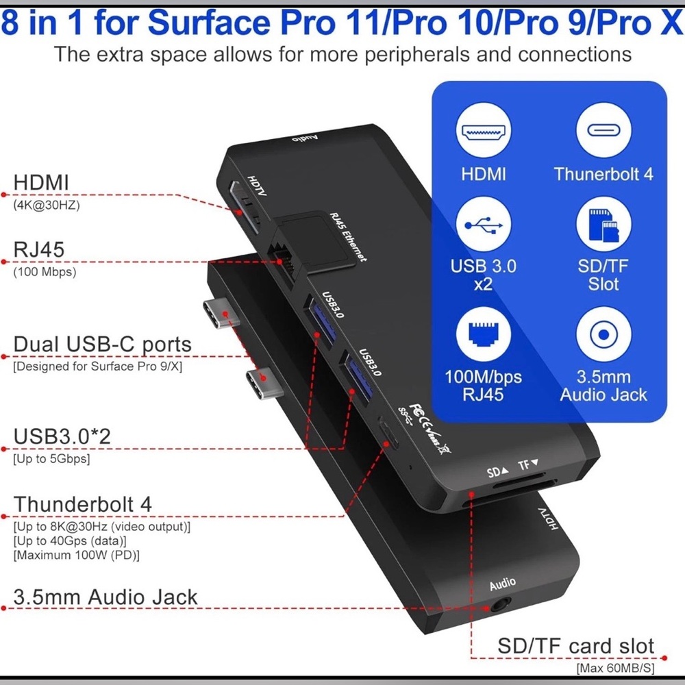 For Surface Pro 11/10/9 Hub Docking Station Adapter 4K HDMI, Thunderbolt 4 USB C
